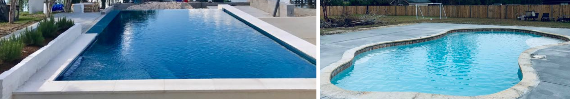 Two swimming pools: a rectangular dark-blue pool on the left and a light-blue freeform pool on the right.