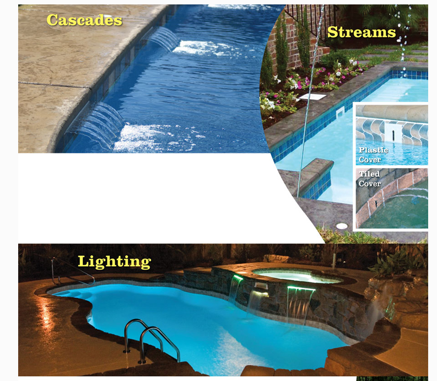 A collage showing three swimming pool water features: cascades, side-wall streams, and a pool illuminated with blue light.