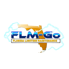 Logo for FLM-GO, Florida Lighting Maintenance. Florida shape in orange, text in blue, outlined by lightning.