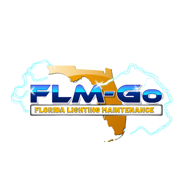 Logo for FLM-GO, Florida Lighting Maintenance. Florida shape in orange, text in blue, outlined by lightning.