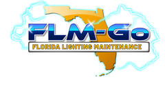 Logo for FLM-GO, Florida Lighting Maintenance. Florida shape in orange, text in blue, outlined by lightning.