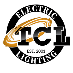 Logo for TCL Electric Lighting, with "TCL" in bold letters, surrounded by a blue swoosh and circular text.
