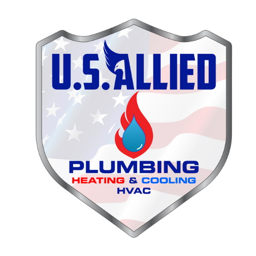 Logo for U.S. Allied Plumbing, Heating & Cooling. Shield with American flag background, blue text and eagle, fire/water symbol.