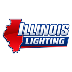 Logo for Illinois Lighting. Red rectangular shape with white text: "ILLINOIS LIGHTING". Blue outline.