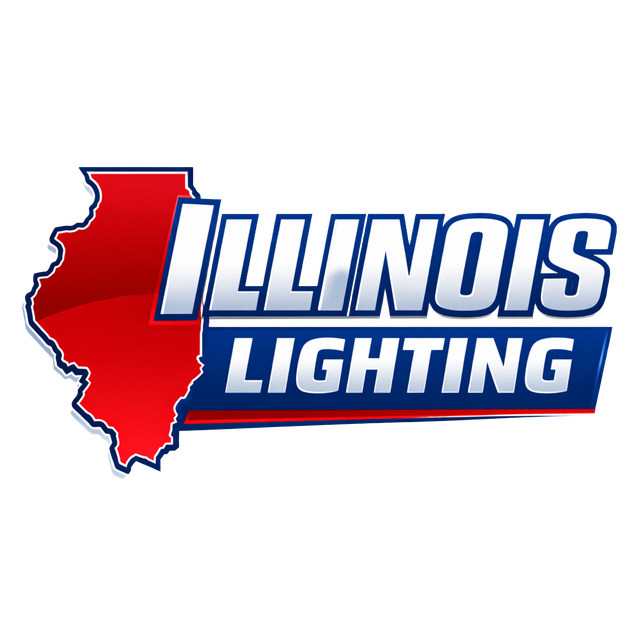 Logo for Illinois Lighting. Red rectangular shape with white text: "ILLINOIS LIGHTING". Blue outline.