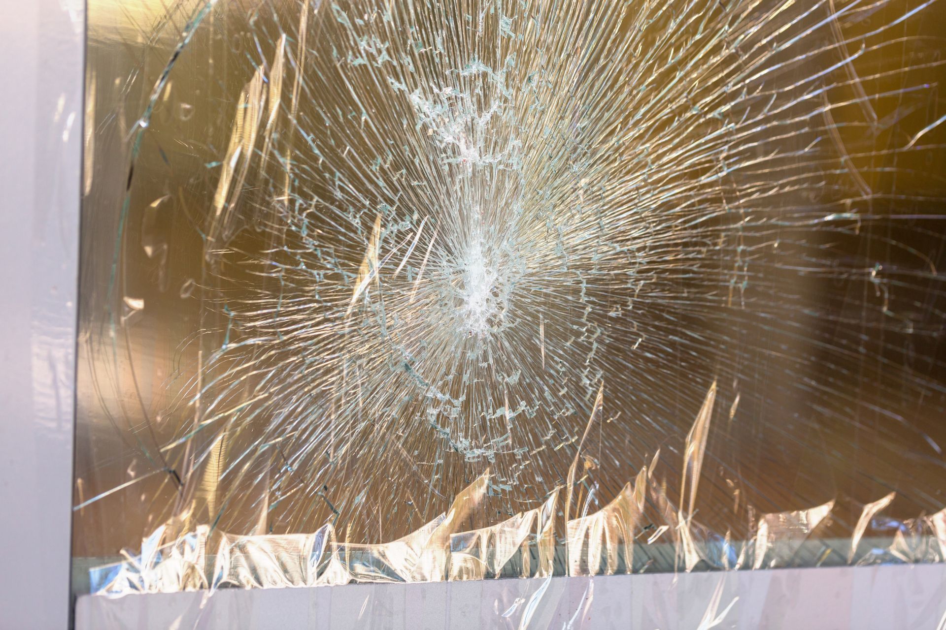 Shattered glass with a spiderweb-like pattern of cracks, possibly on a window or display.