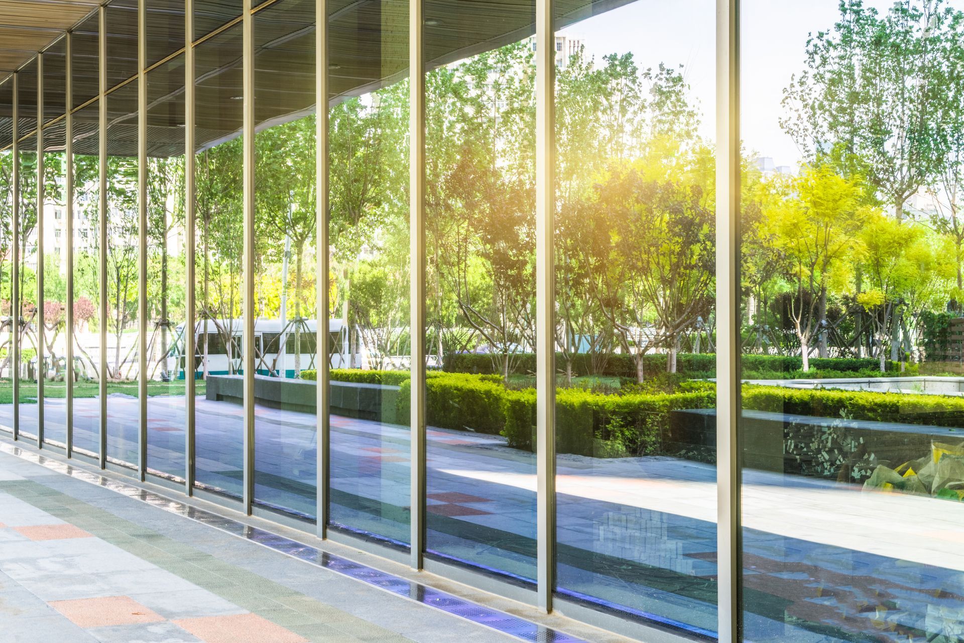 A long row of reflective glass windows shows the blurred reflection of a sunny park with trees.