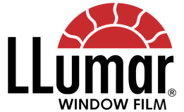 Logo for LLumar window film, featuring black text and a red half-sun design.