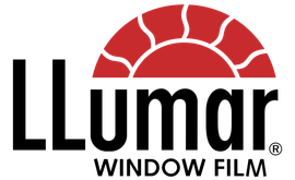 Logo for LLumar window film, featuring black text and a red half-sun design.