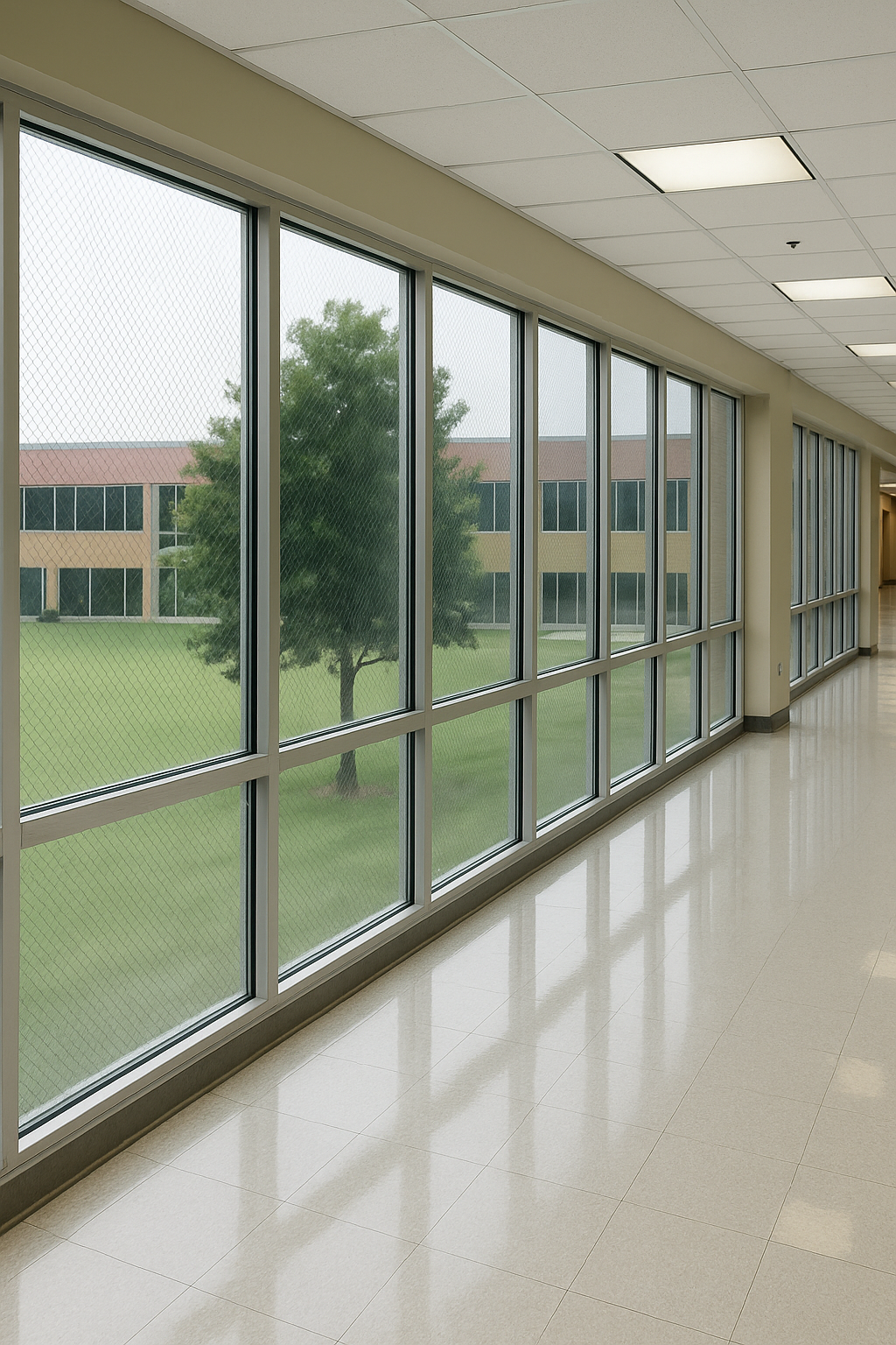 Hallway with large windows looking out onto a green lawn and a building; the floor reflects the sunlight.