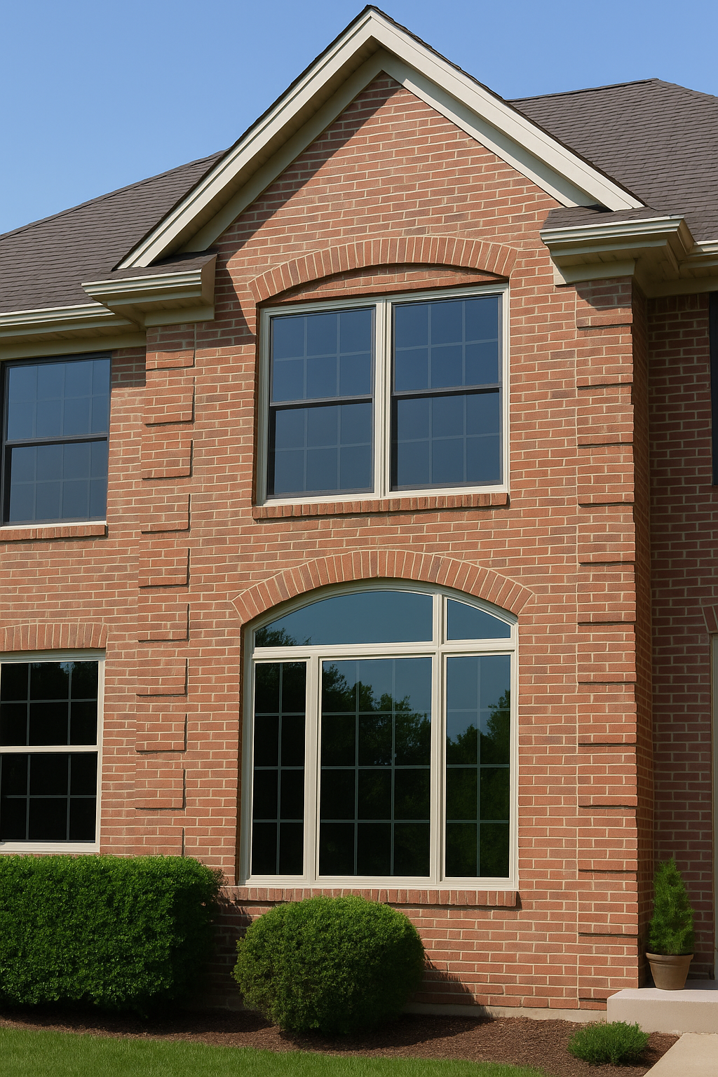 Brick house exterior with arched and rectangular windows reflecting trees and blue sky. Green shrubs in front.