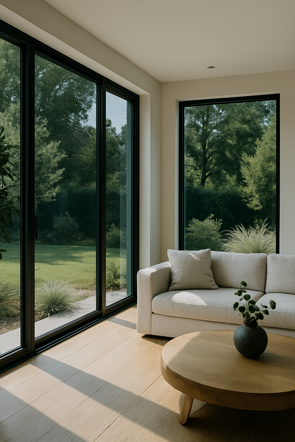 Living room with large windows overlooking a green yard. A cream sofa and wooden coffee table sit on a light wood floor.