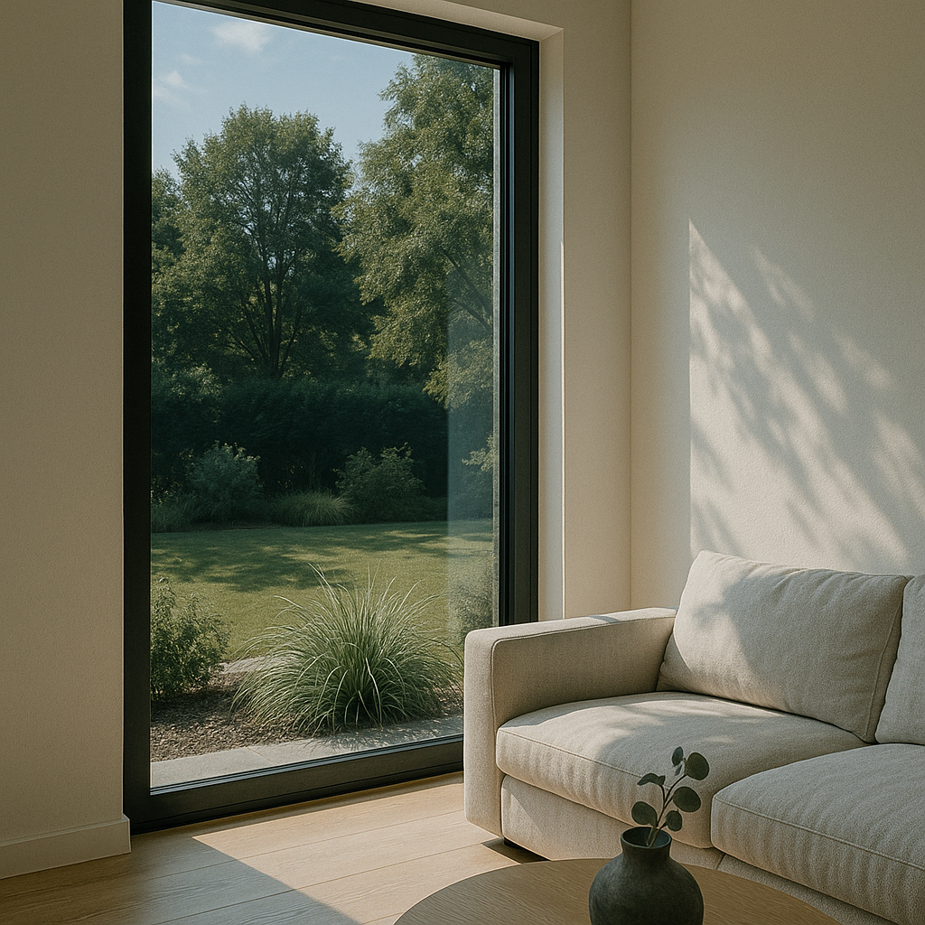 Interior with a large window overlooking a sunny backyard; a beige sofa and small round table are in the room.