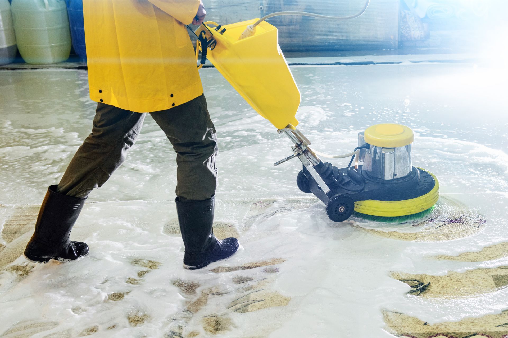 A person is cleaning a floor with a machine.