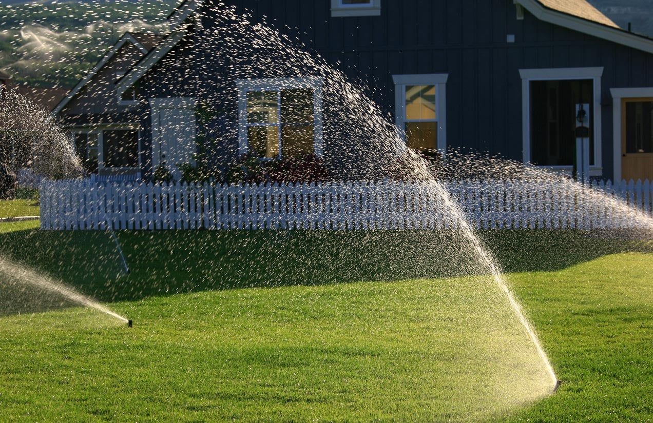 Lawn sprinkler spraying water over a green lawn in front of a blue house with a white picket fence.