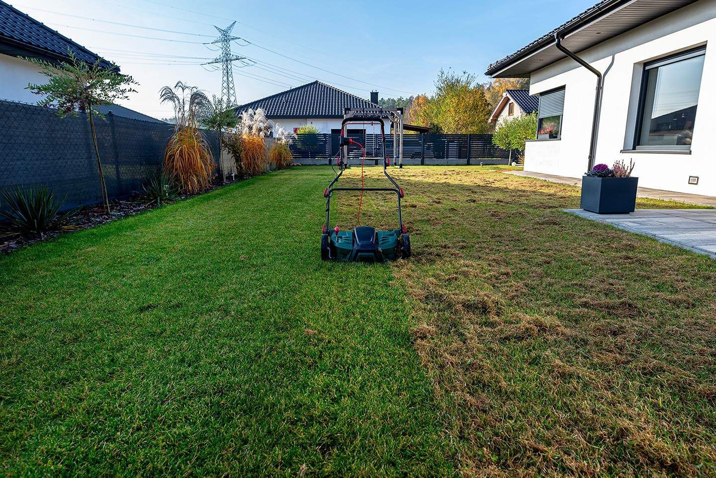 A lawn being mowed, showing a clear line between the cut and uncut grass, next to a house.