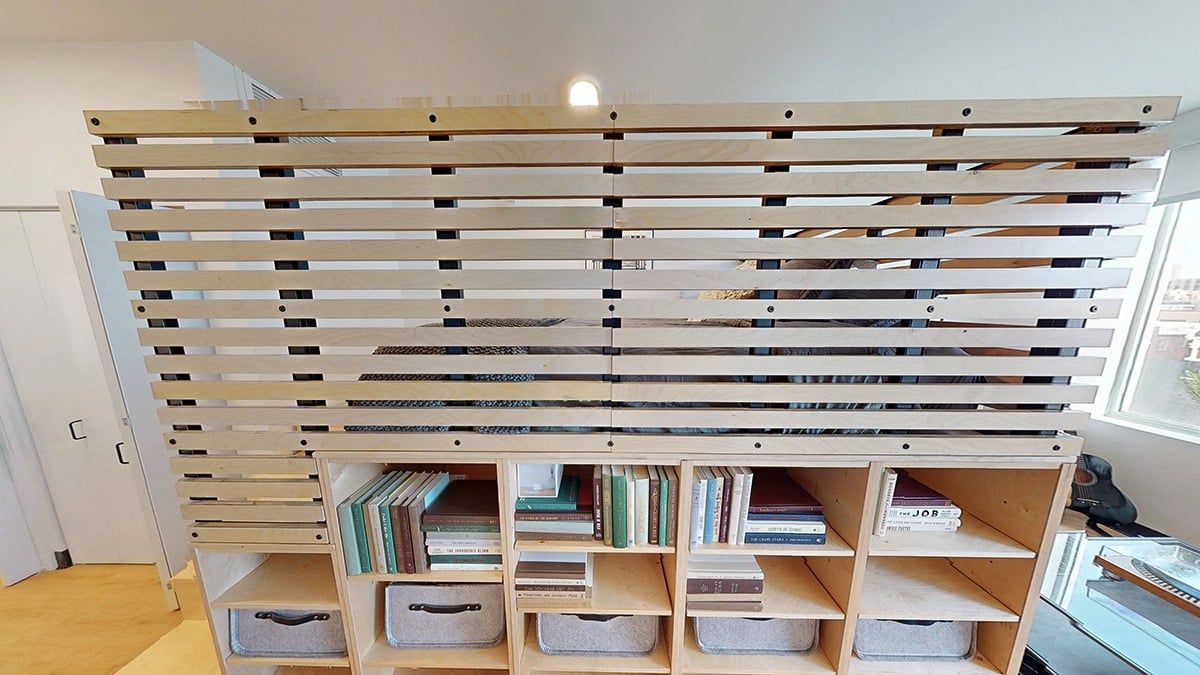 A bookshelf with books and a window.