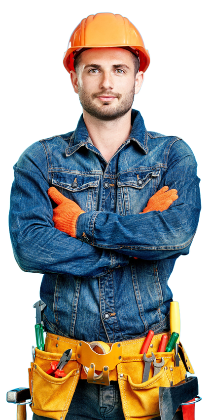 A man wearing a hard hat and a tool belt is standing with his arms crossed.