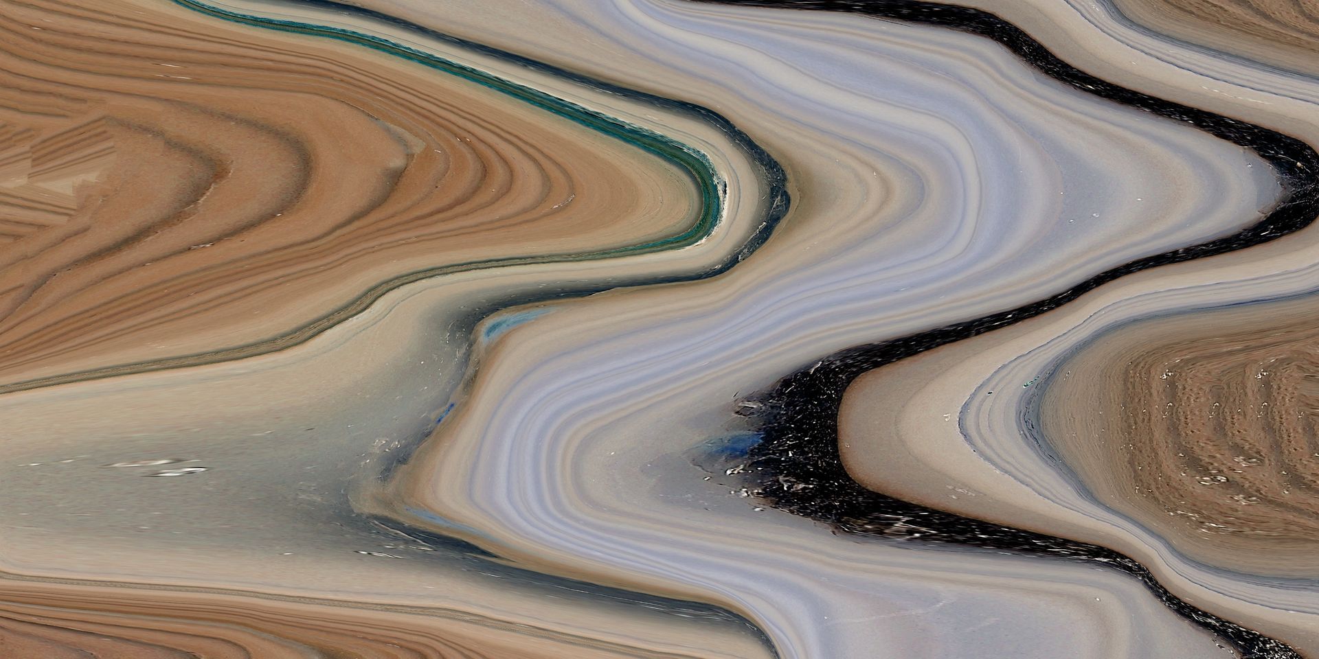 Abstract artwork of a wavy, layered pattern in shades of brown, white, tan, black, and teal.