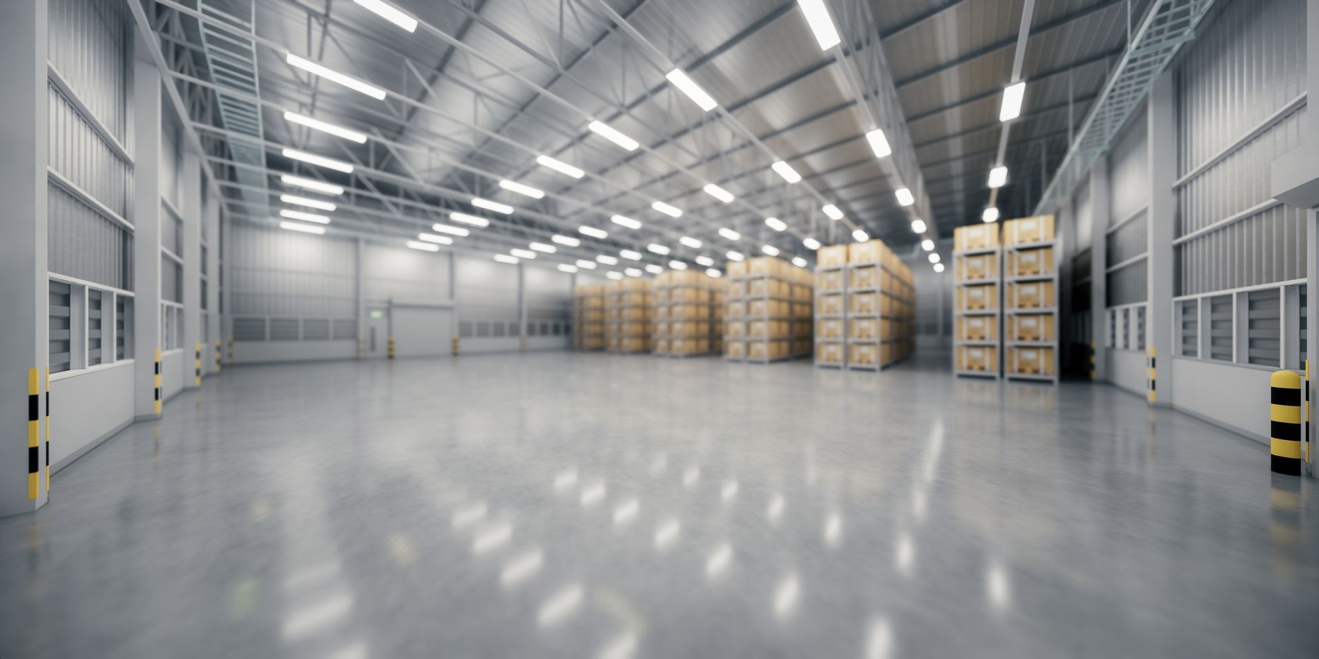 Interior of a large, empty warehouse with stacked boxes and bright overhead lights.