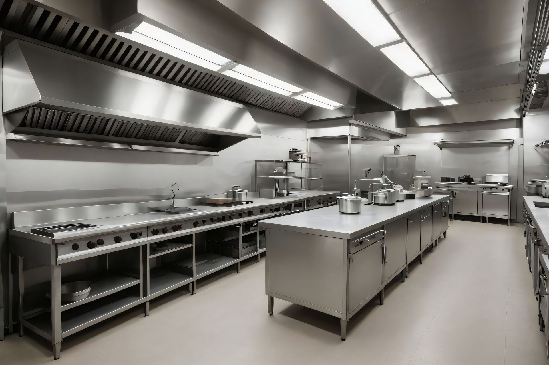Stainless steel commercial kitchen with stoves, counters, and ventilation hoods.