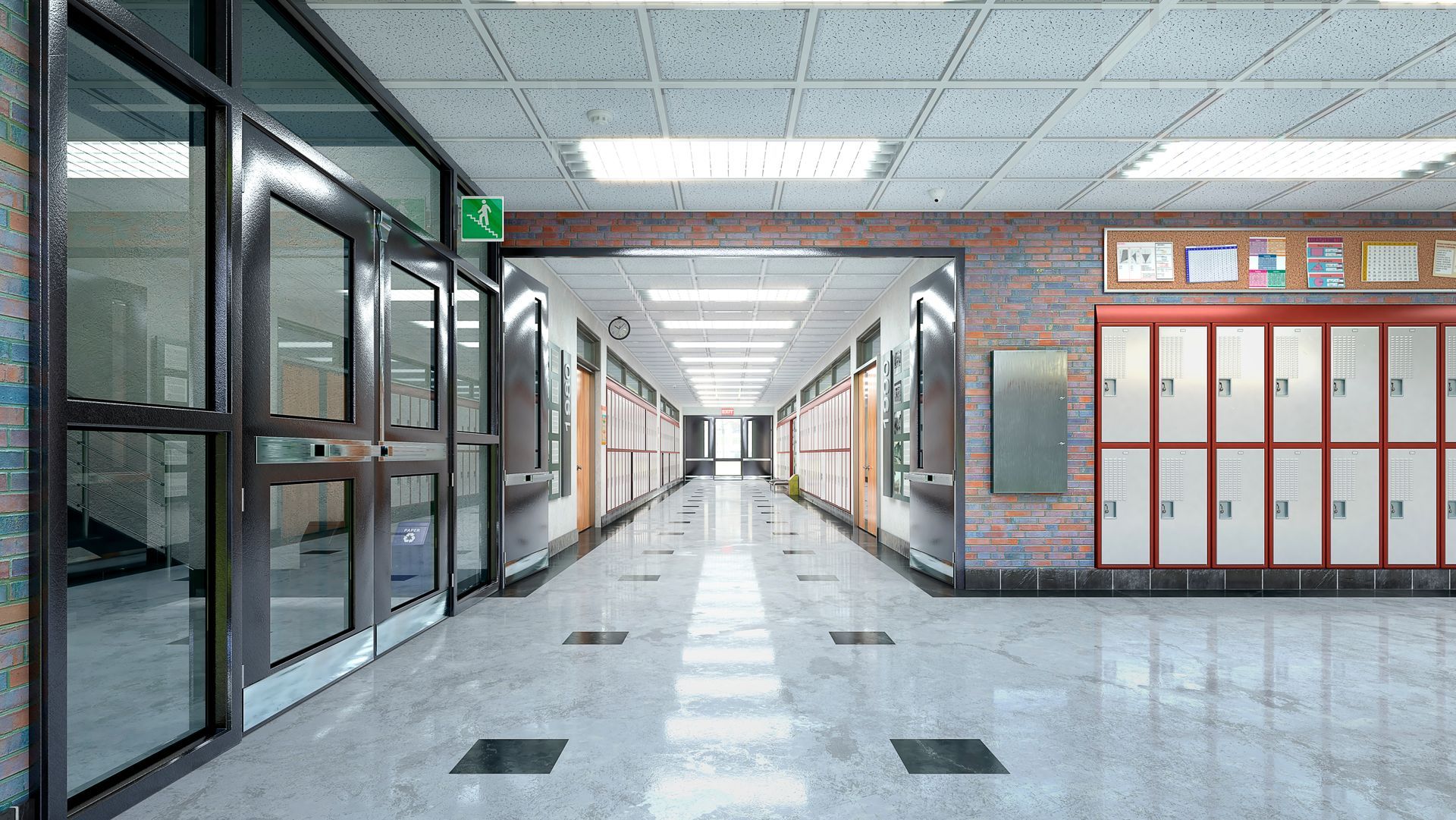 School hallway with lockers, doors, and a tiled floor.
