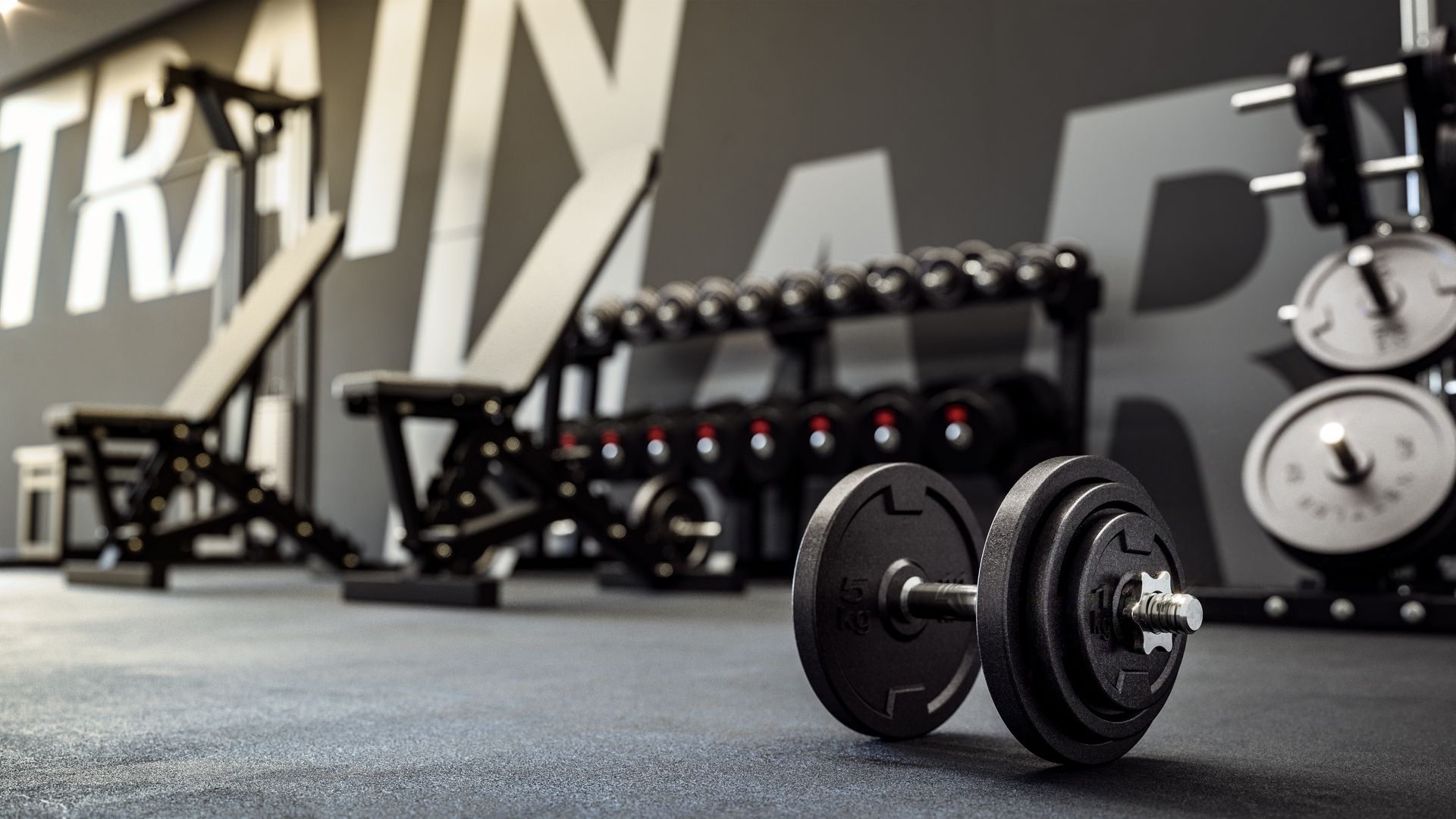 Dumbbell on gym floor with weight bench, rack of dumbbells, and weight plates in a modern gym.