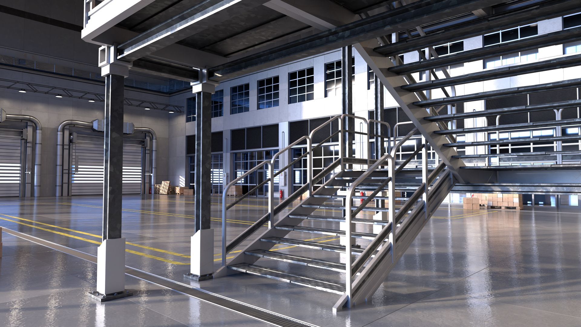 Indoor industrial facility, metal staircase, windows, concrete floor, boxes, overhead structure.