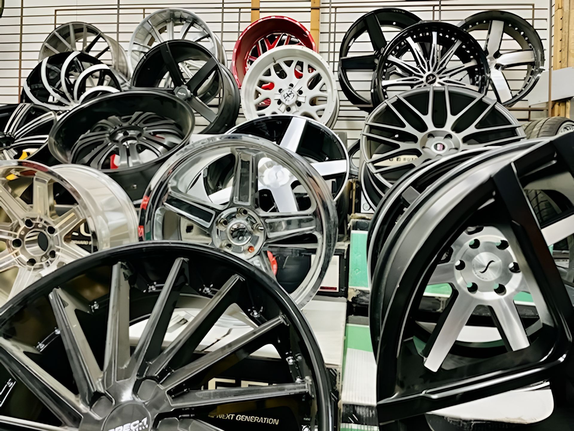 A bunch of wheels are stacked on top of each other in a store.