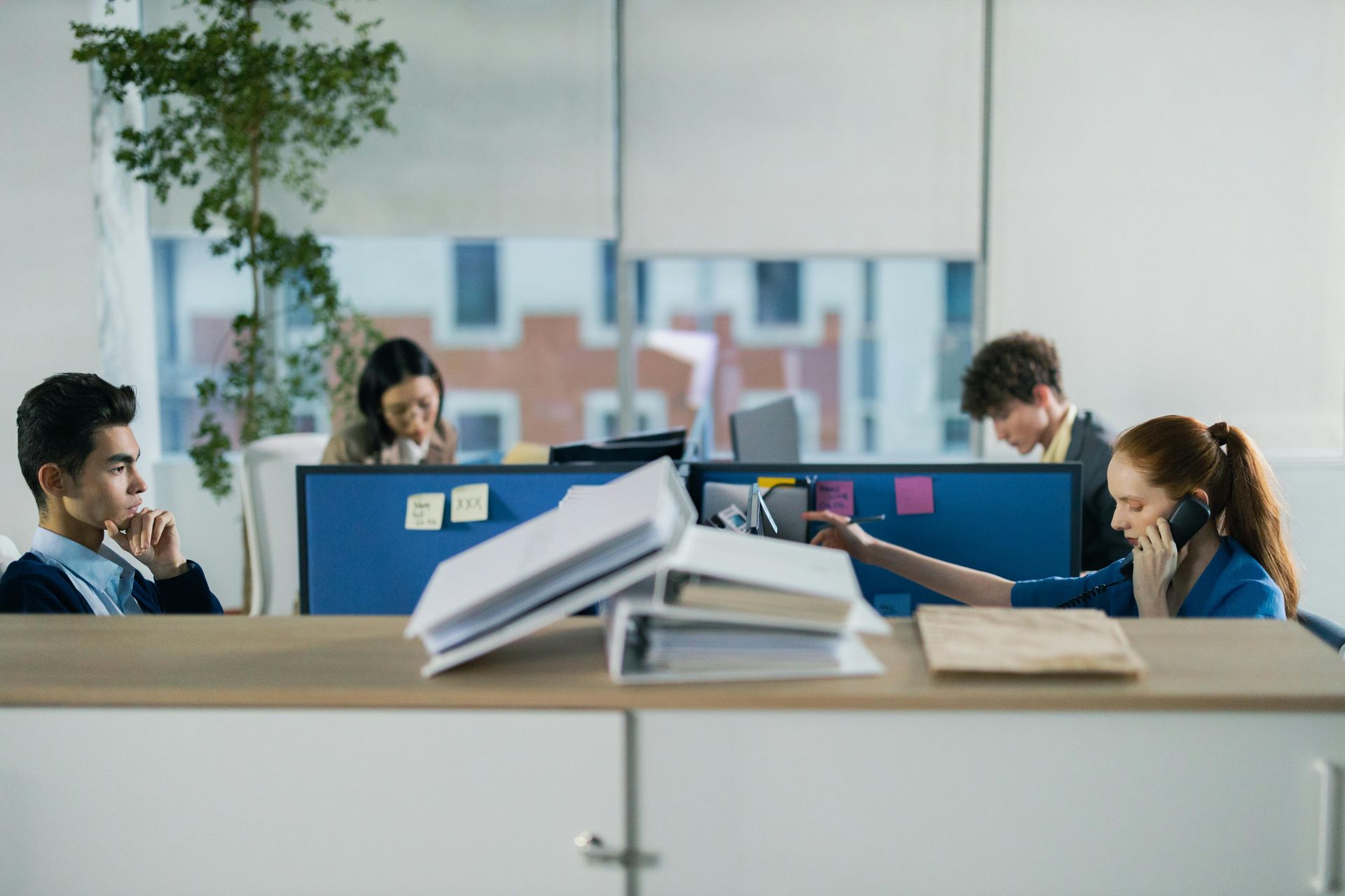 Office workers seated at desks behind blue partitions, focused on laptops and paperwork in a bright office