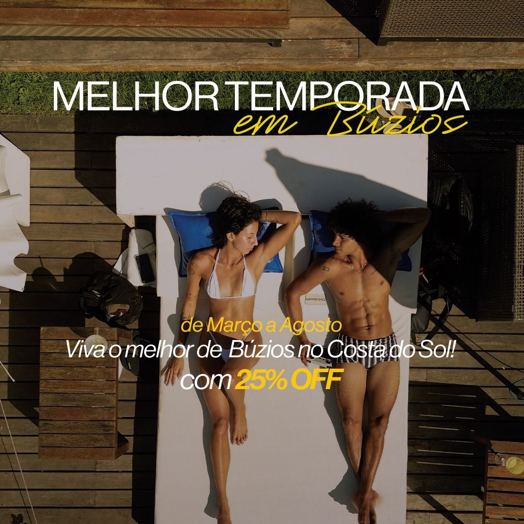 Casal tomando sol em uma espreguiçadeira branca. Anúncio de verão de 2006 para o Brava Club, Búzios.