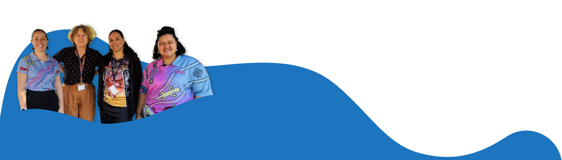 Four people standing, smiling, above a blue wave graphic.