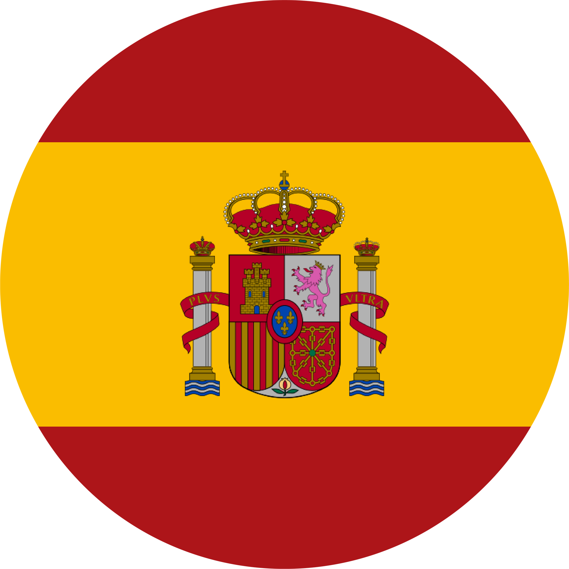 Flag of Spain: red-yellow-red horizontal stripes with the coat of arms centered on the yellow stripe.