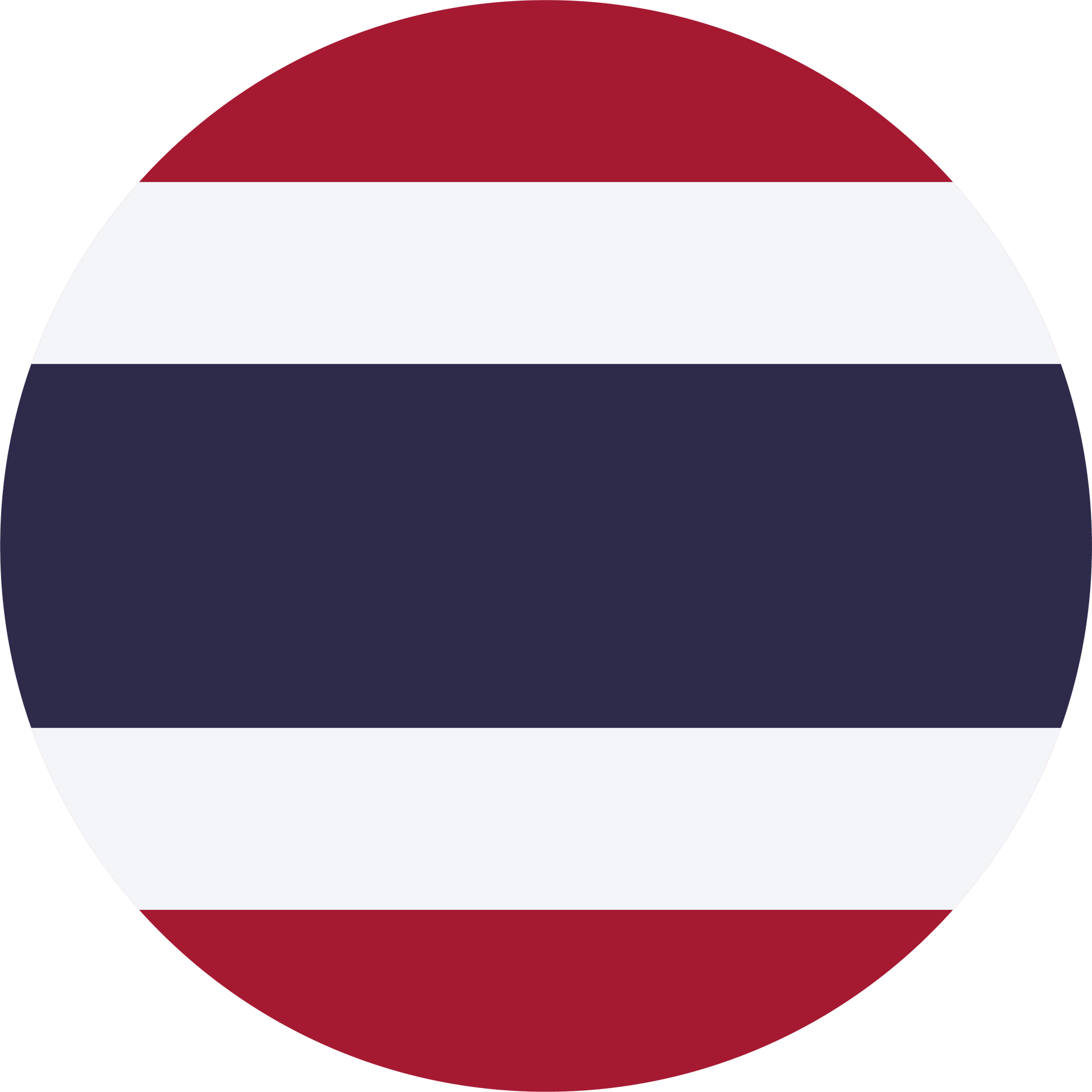 Flag of Thailand in a circular shape with red, white, and blue stripes.