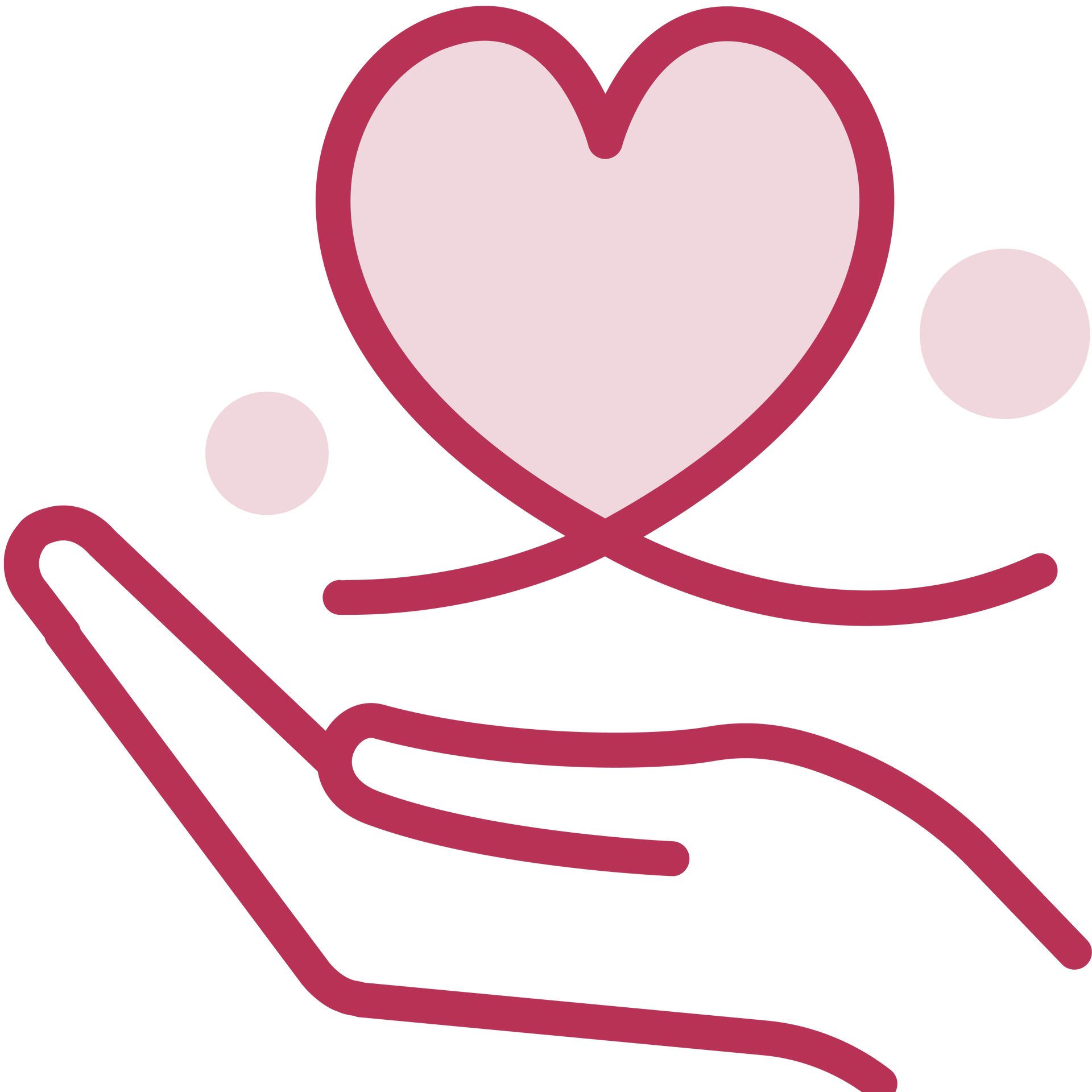 Hand holding a pink heart, representing care or support. Two small pink circles.