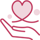 Hand holding a pink heart, representing care or support. Two small pink circles.