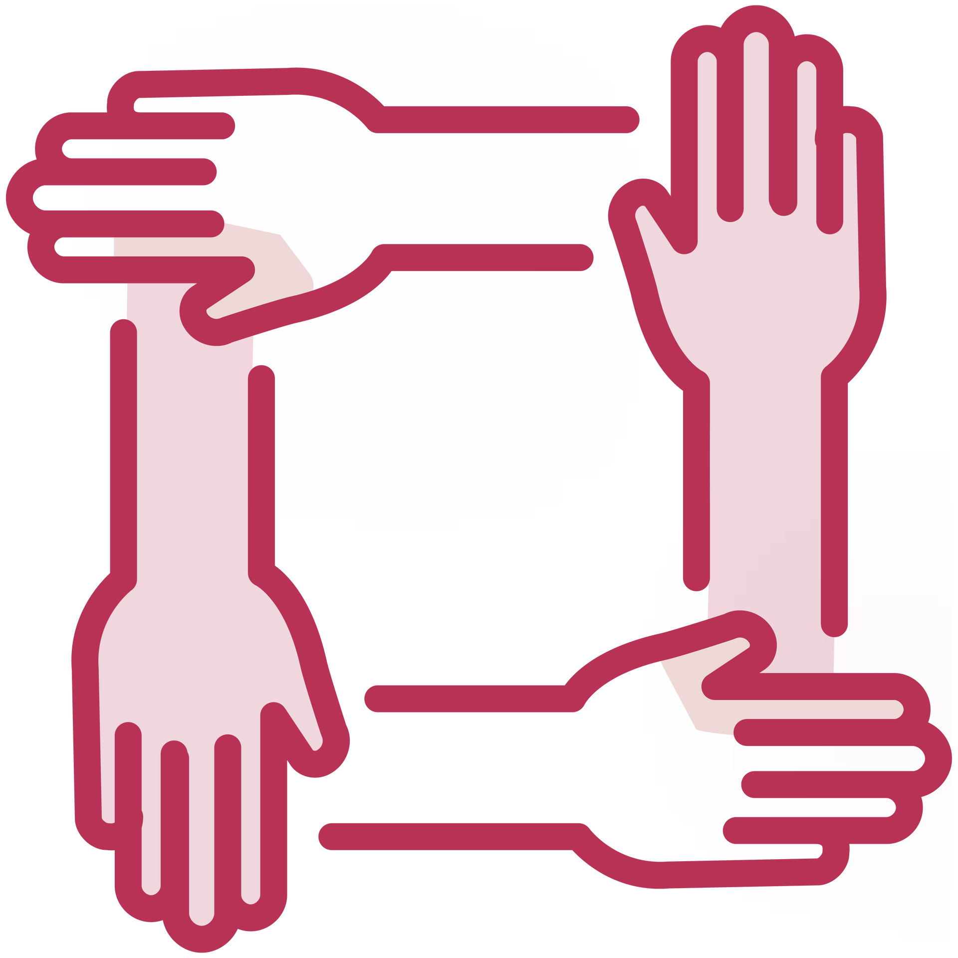 Four hands in a square, joined together, representing teamwork and unity. Pink outline.
