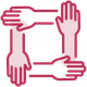 Four hands in a square, joined together, representing teamwork and unity. Pink outline.