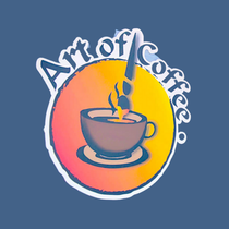 A logo for art of coffee with a cup of coffee