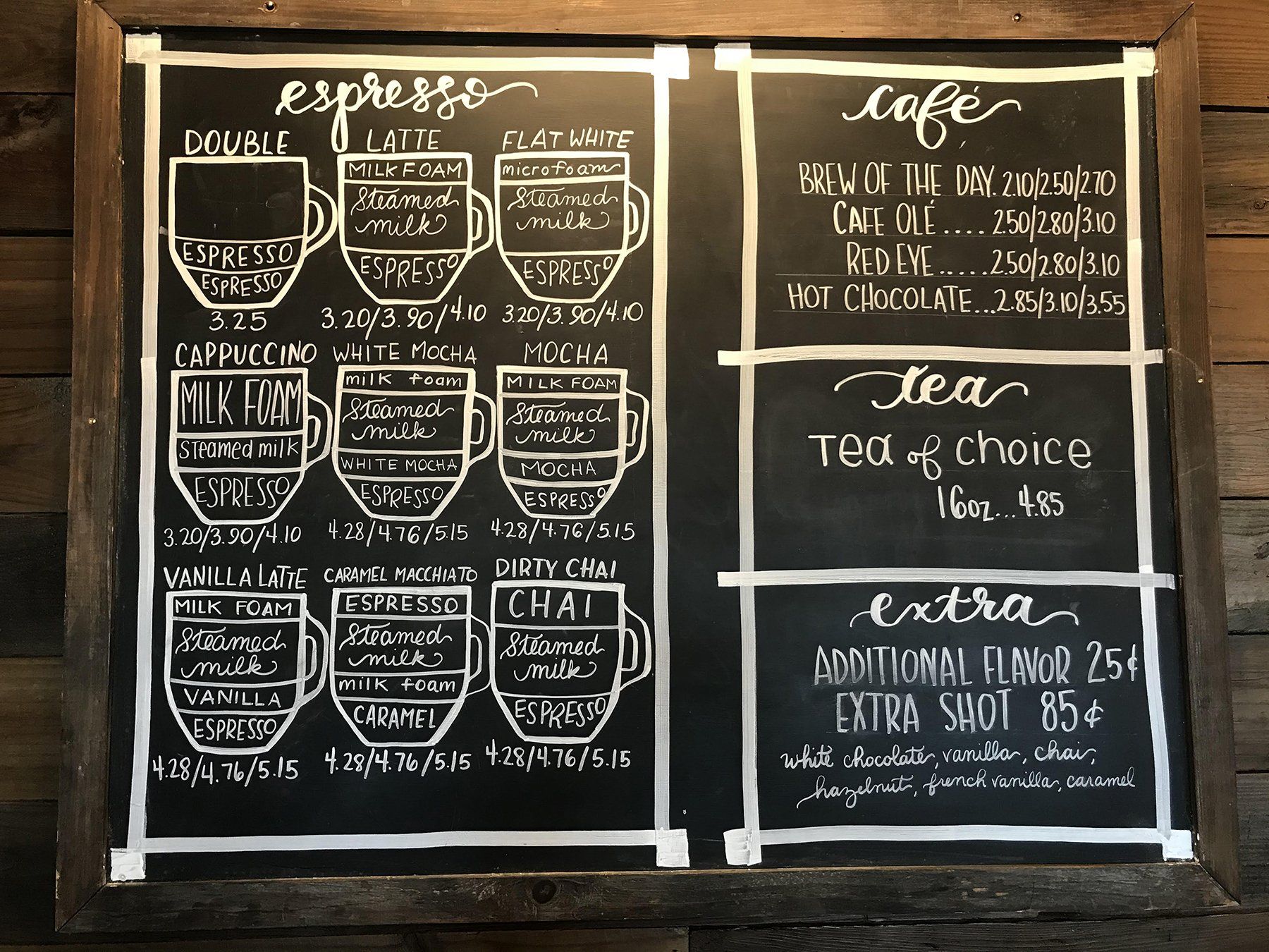 A chalkboard shows different types of coffee and tea