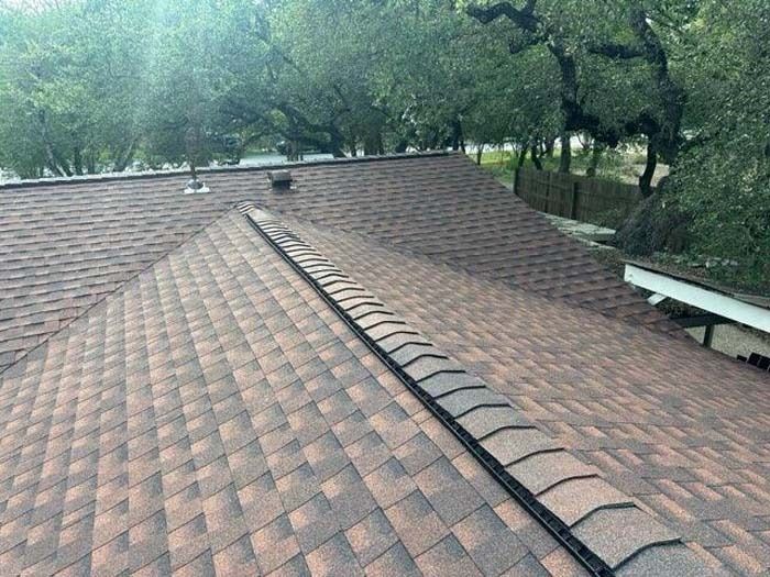 A brown asphalt shingle roof with dark ridge caps, trees in the background.