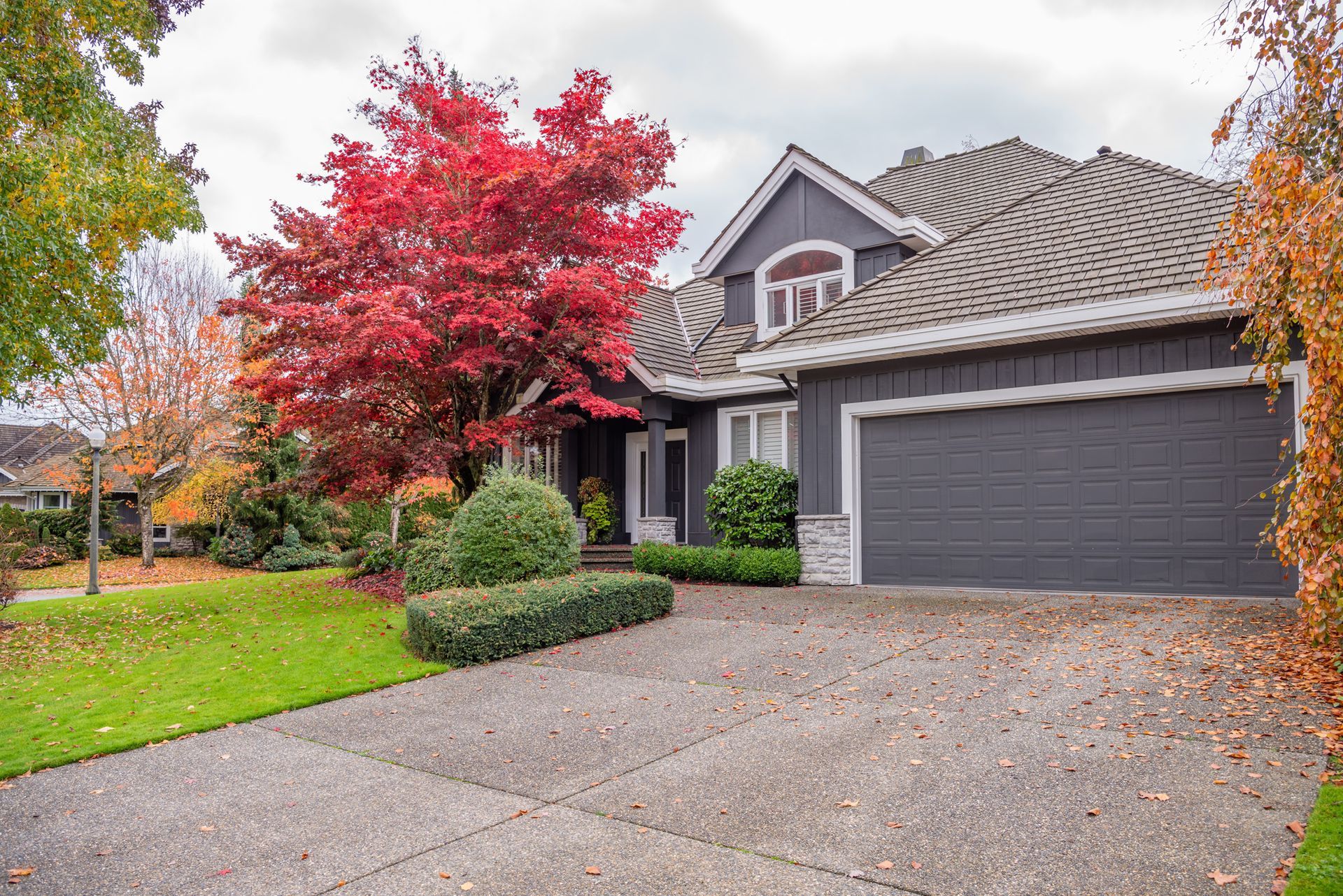 House with gray siding, attached garage, and bright red tree.
