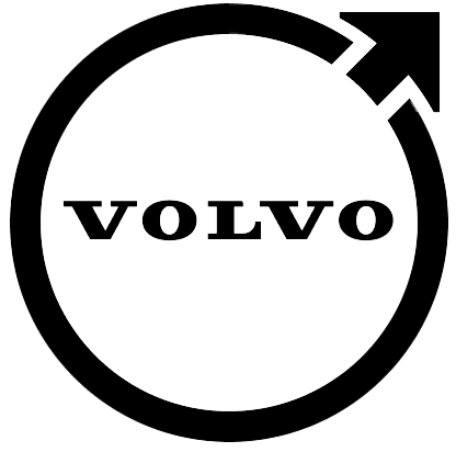 Volvo logo with black text inside a circle and arrow symbol on a white background