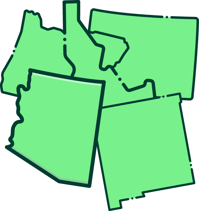 Map of five states, outlined in green: Arizona, New Mexico, Utah, Idaho, and Wyoming.