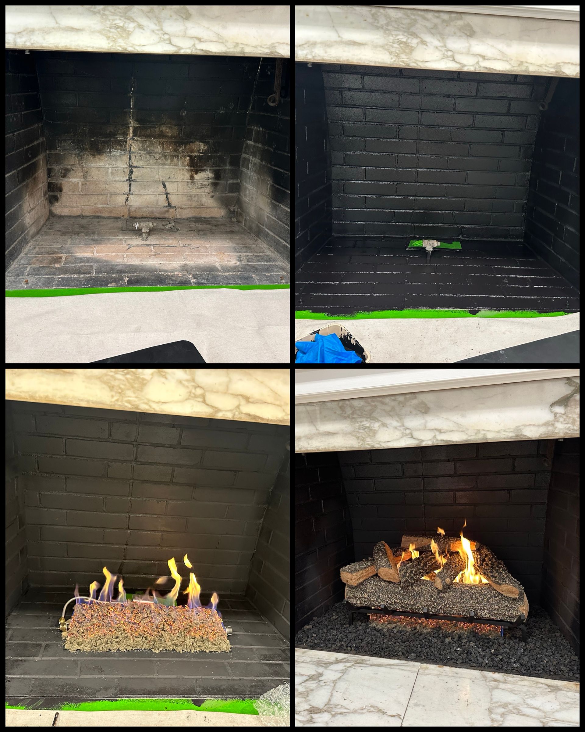 A collage of four pictures of a fireplace before and after being cleaned.