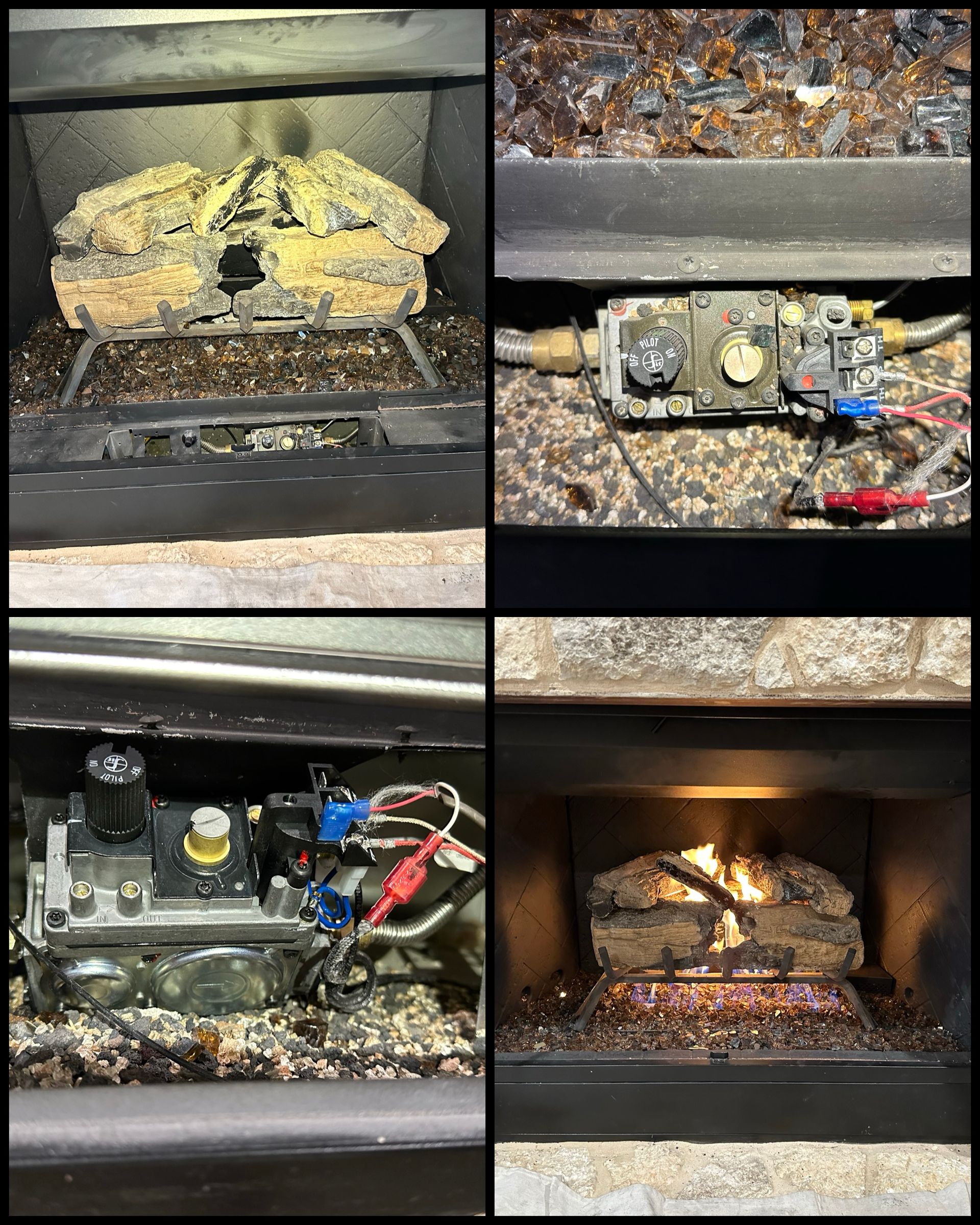 A collage of four pictures of a fireplace with a fire in it.