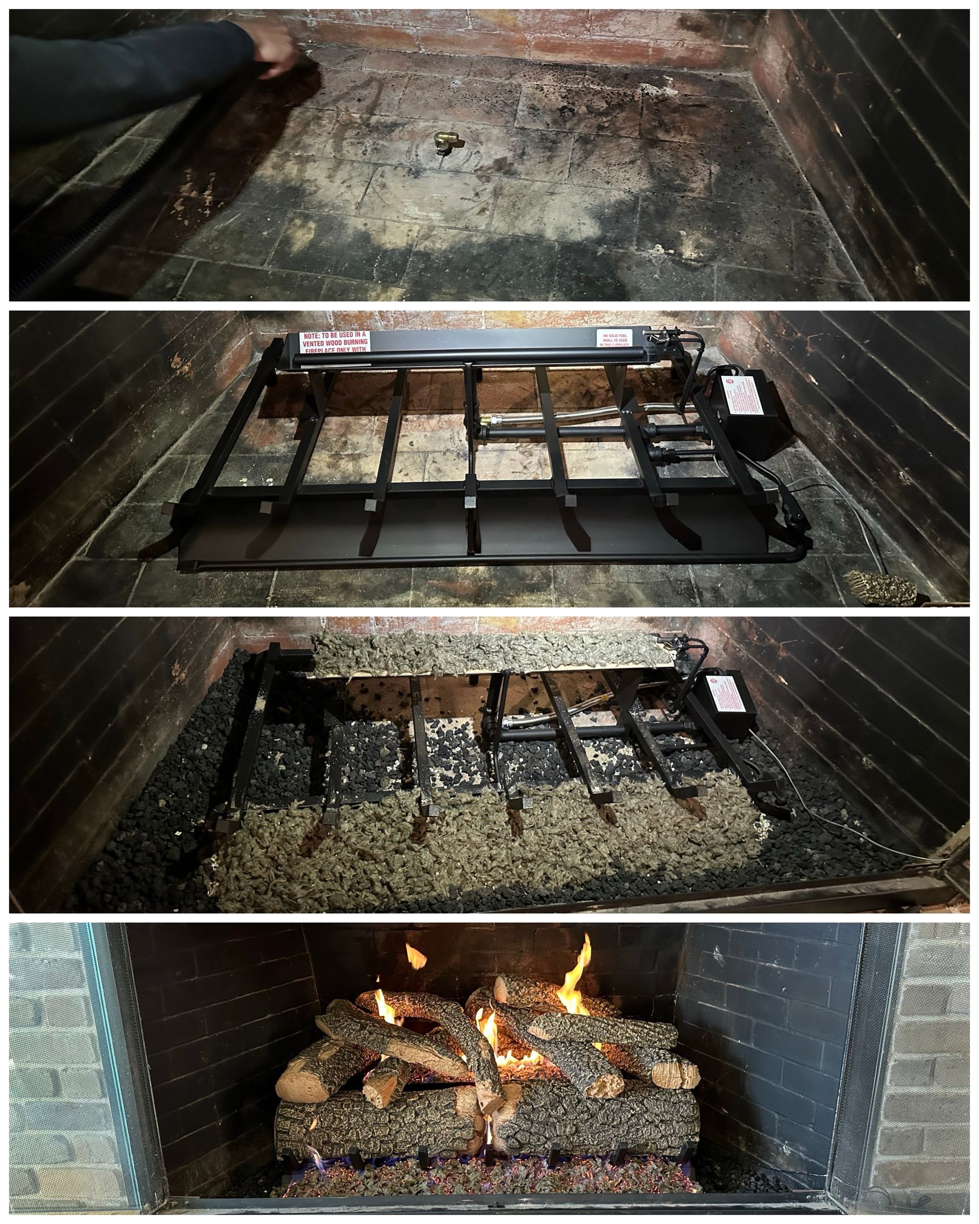 Three pictures of a fireplace before and after being cleaned 