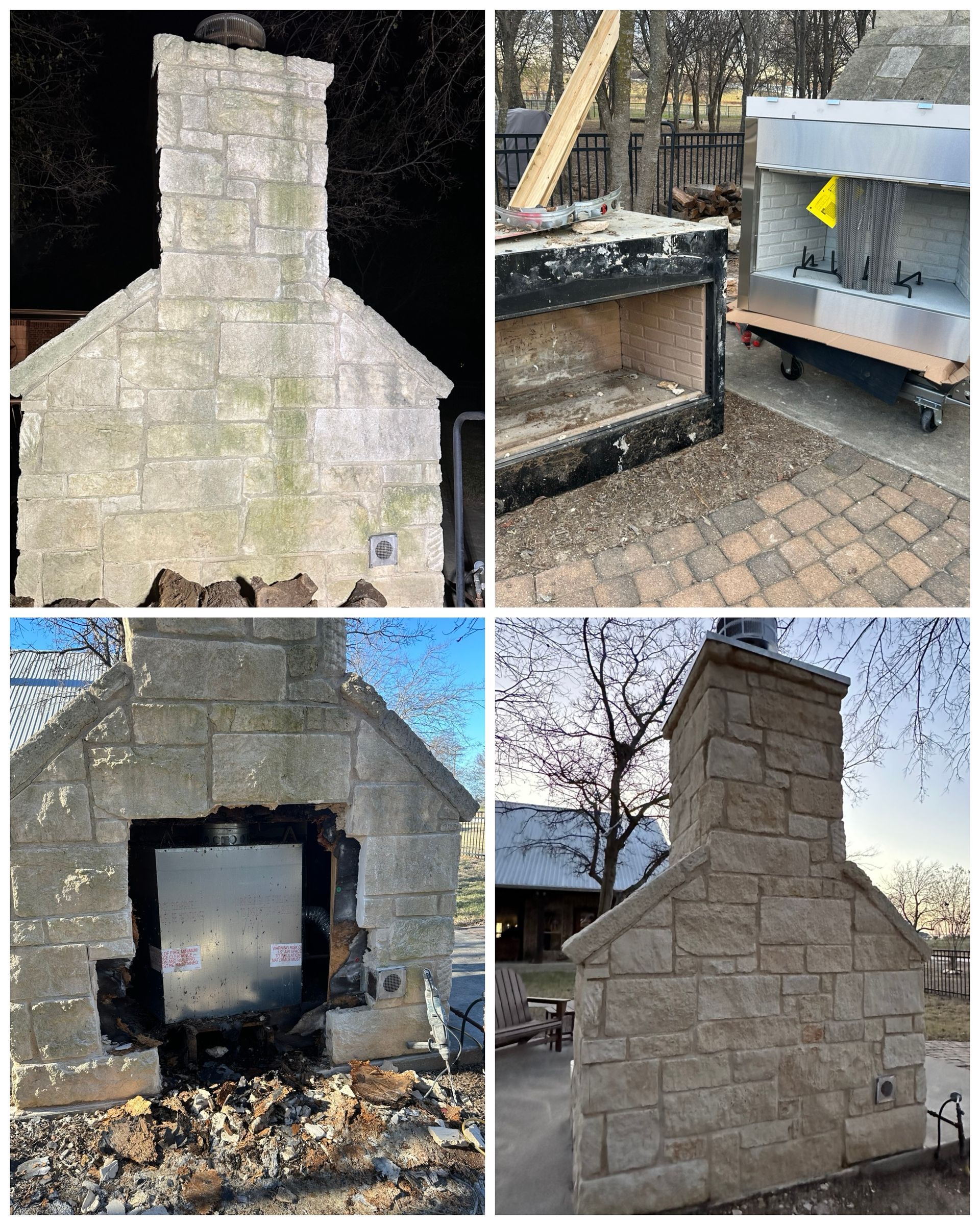 A collage of four pictures of a brick fireplace before and after being remodeled.