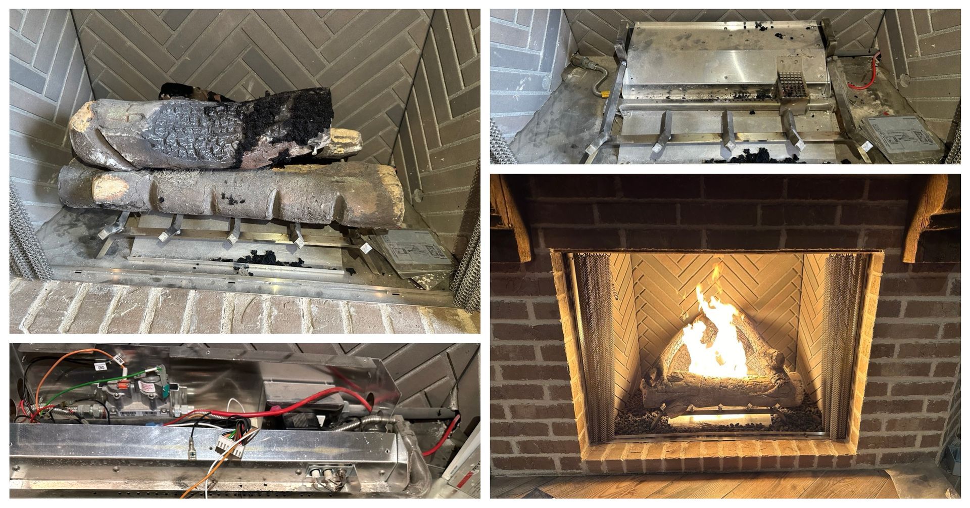 A collage of four pictures of a fireplace before and after being remodeled.