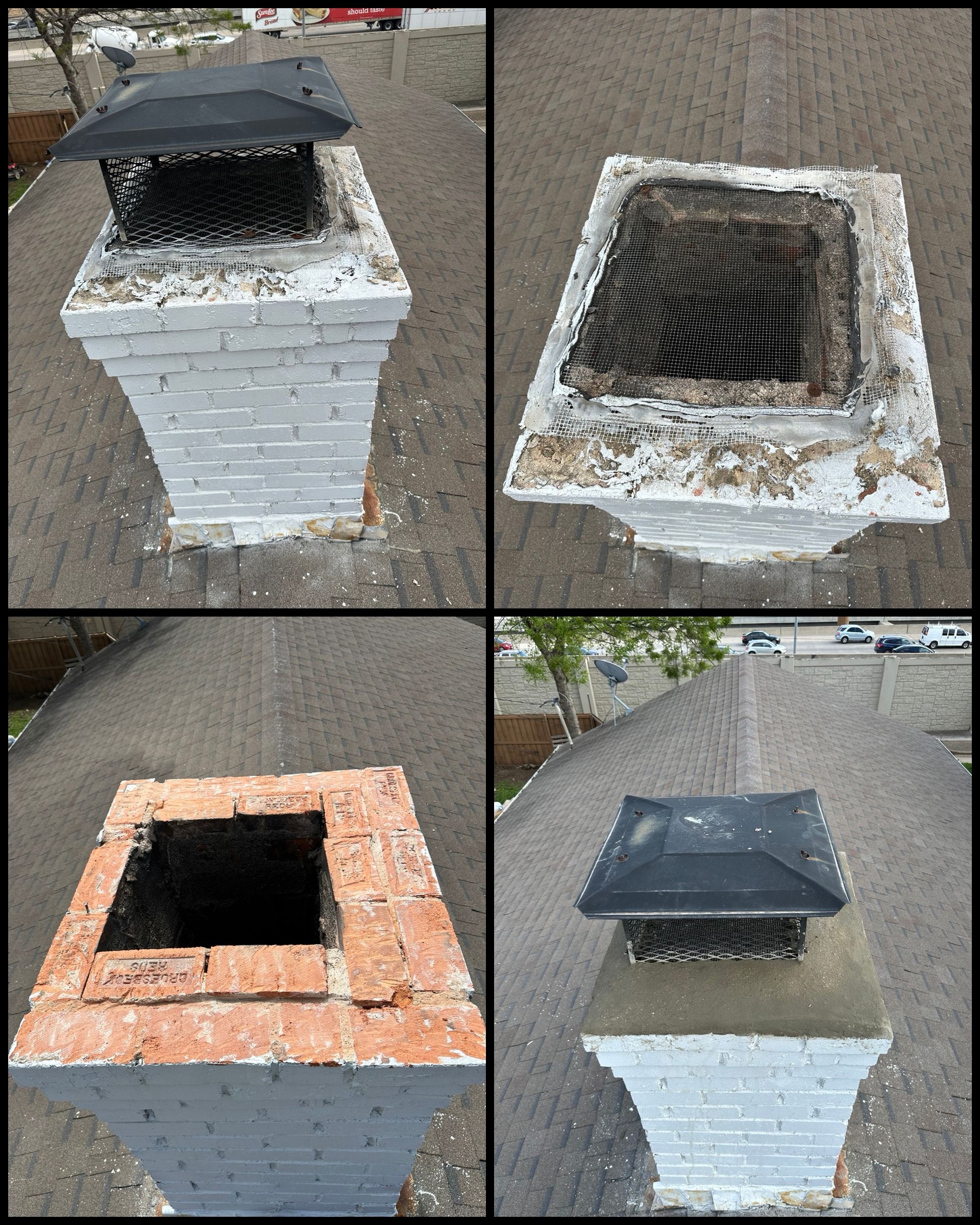 A collage of four pictures of a chimney on a roof